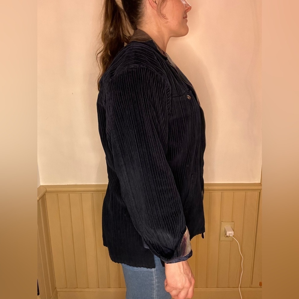 Denim & Co Vintage Corduroy Barn Coat Chore Jacket Navy Plaid Suede Collar Sz M - Picture 6 of 12
